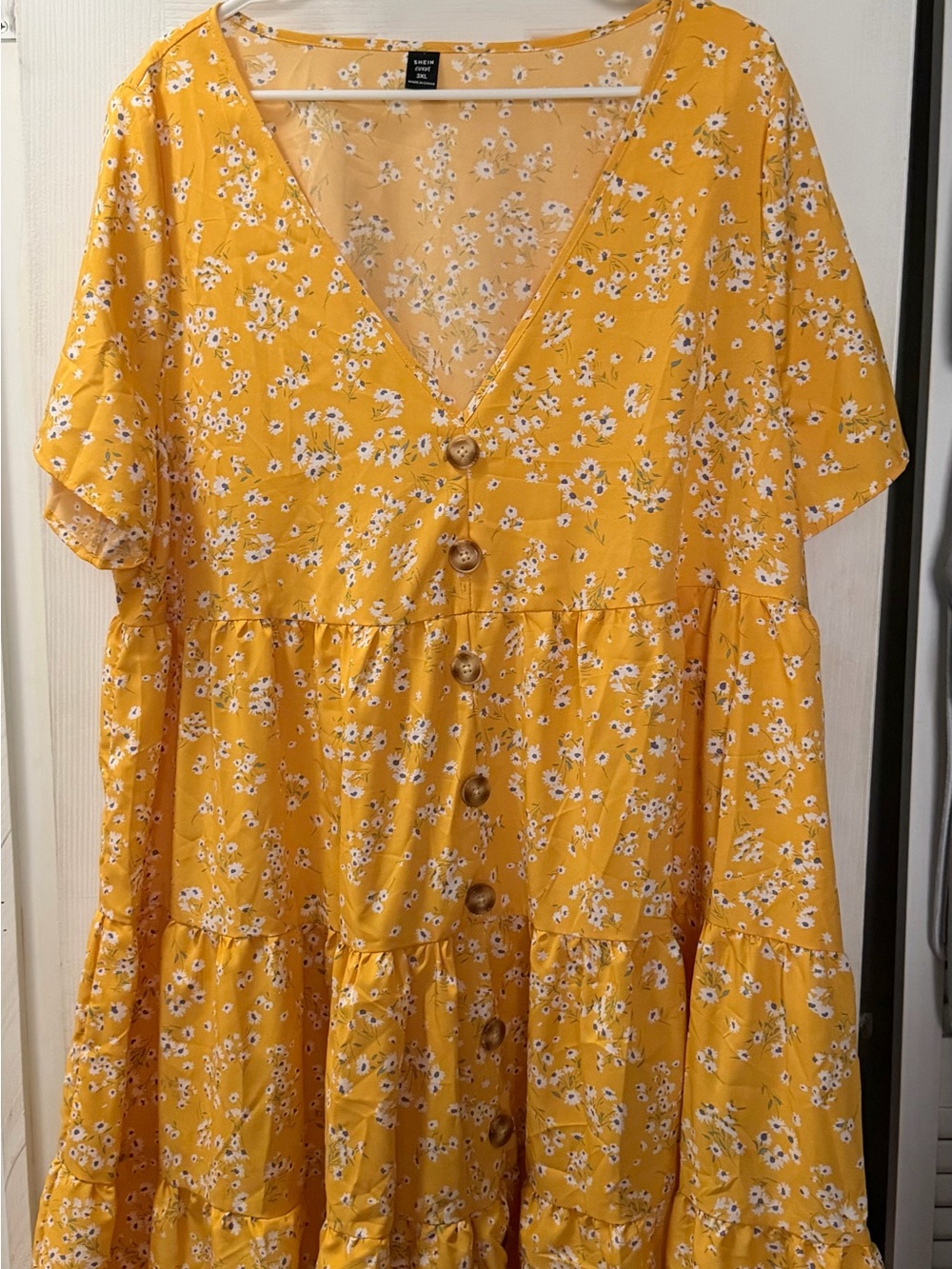 SHEIN Yellow Floral Button-Front Tiered Midi Dress